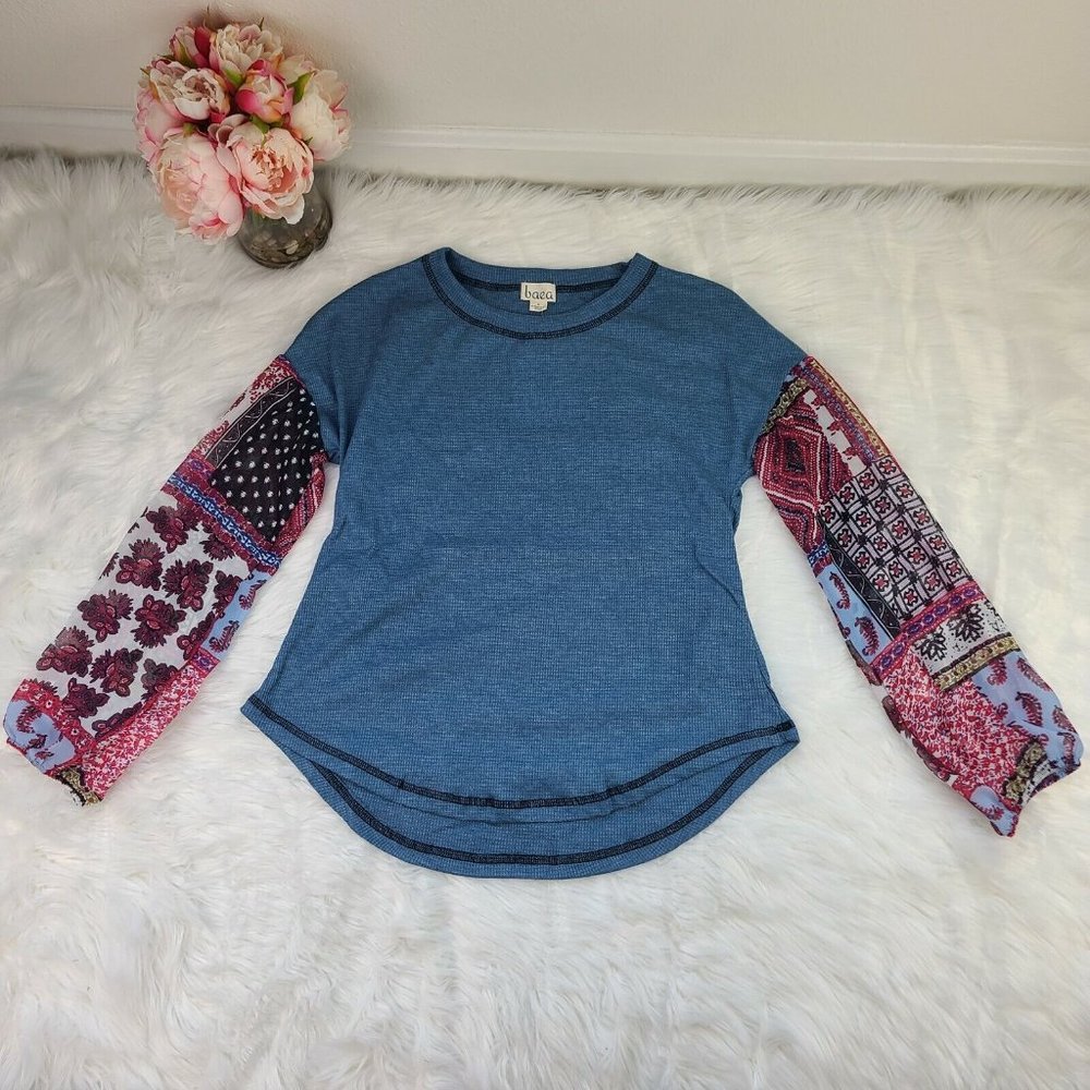 Baea Round Neck Boho Mixed Waffle Knit Pullover Top Long Sleeve Blue Small NWT